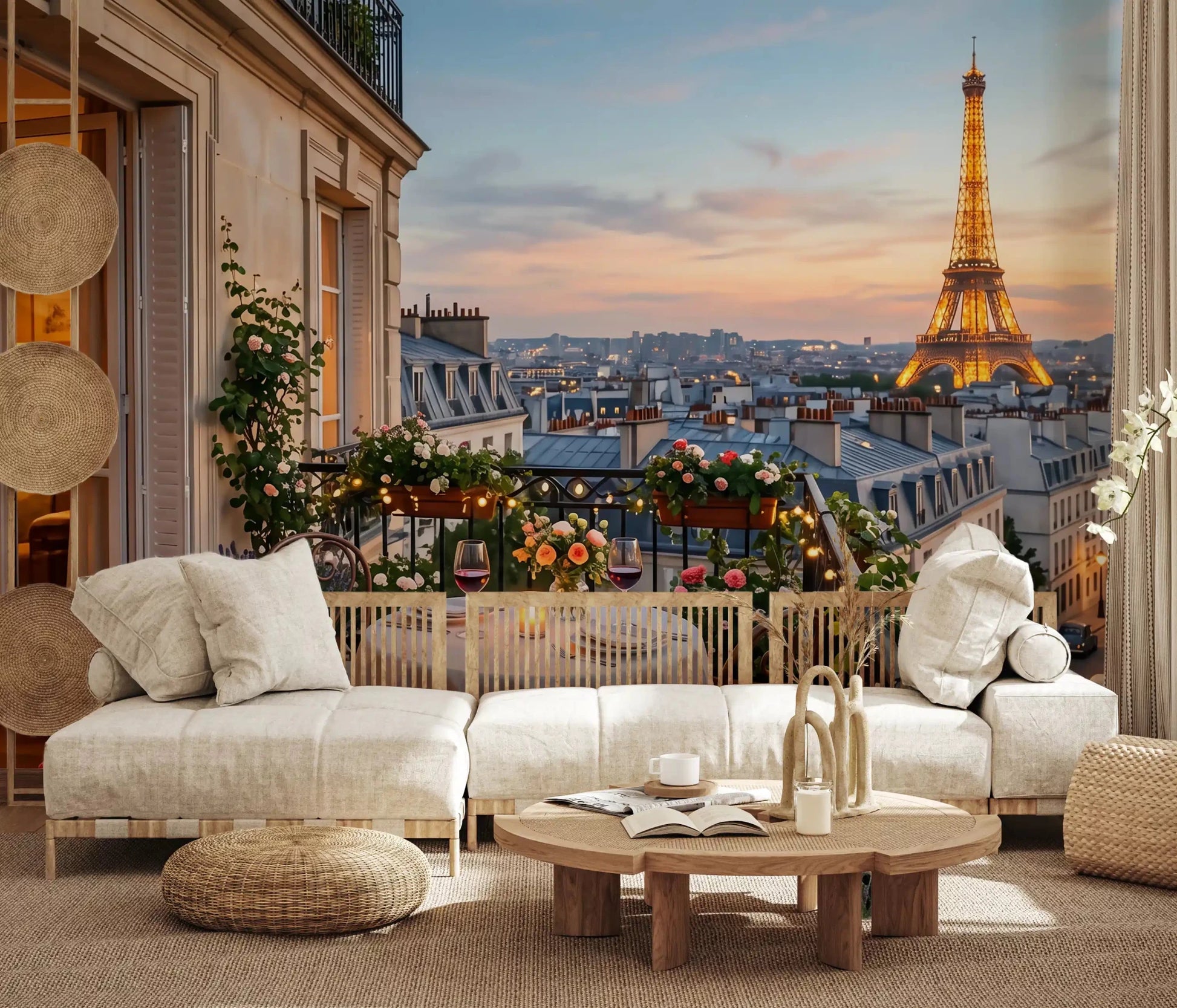 Lounge corner picks up romantic depth from Parisian Balcony Sunset Romance wall mural.GD9620