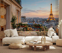 Lounge corner picks up romantic depth from Parisian Balcony Sunset Romance wall mural.GD9620