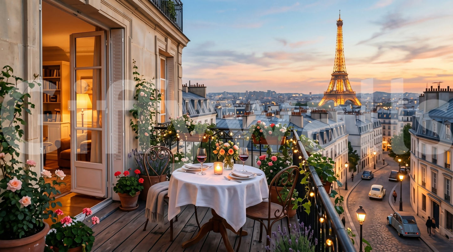 A cobblestone street curves below with warm lamp glow on Parisian Balcony Sunset Romance wall mural.GD9620