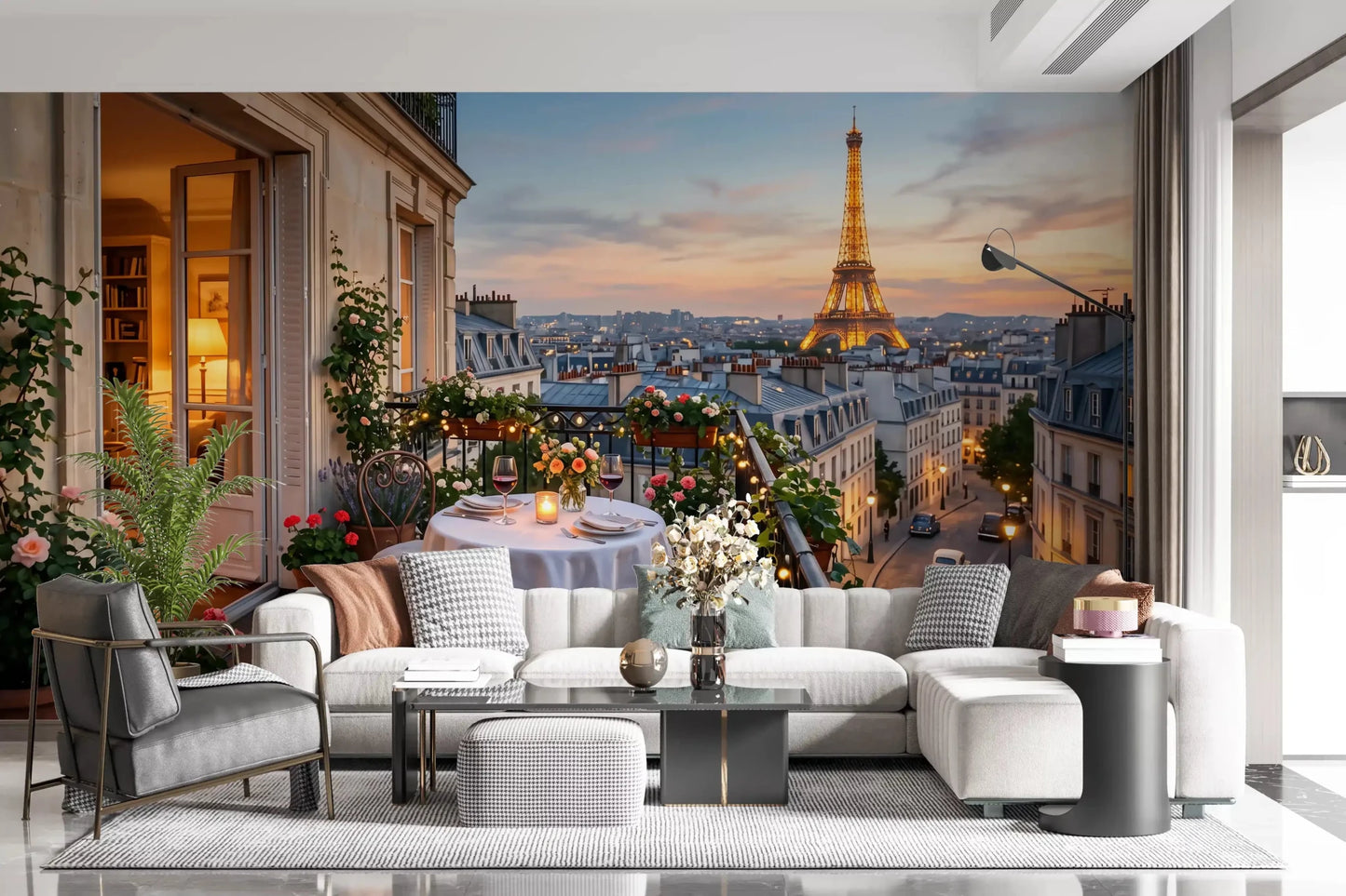 hallway feature takes on Paris evening warmth through Parisian Balcony Sunset Romance wall mural.GD9620
