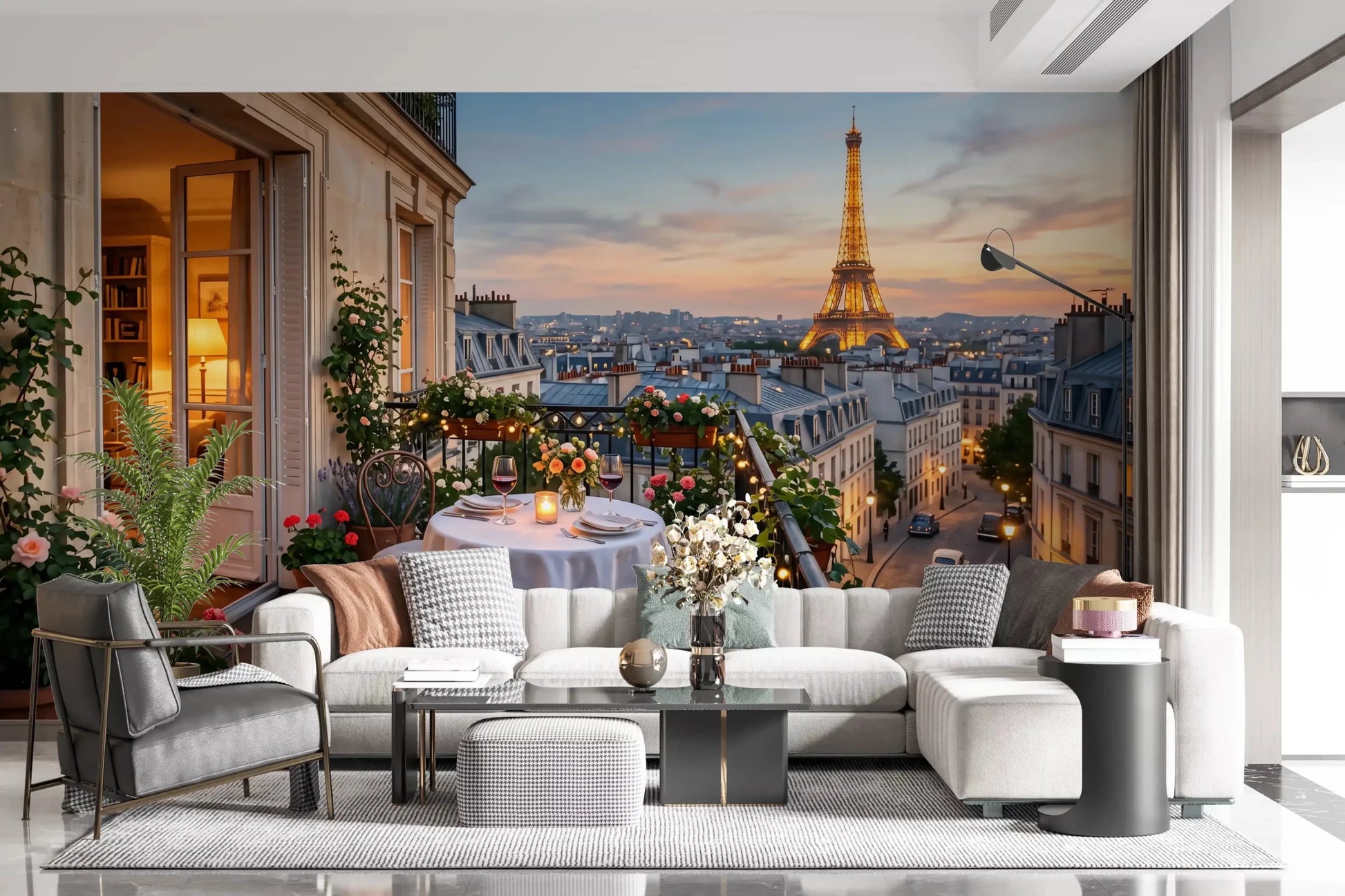 hallway feature takes on Paris evening warmth through Parisian Balcony Sunset Romance wall mural.GD9620