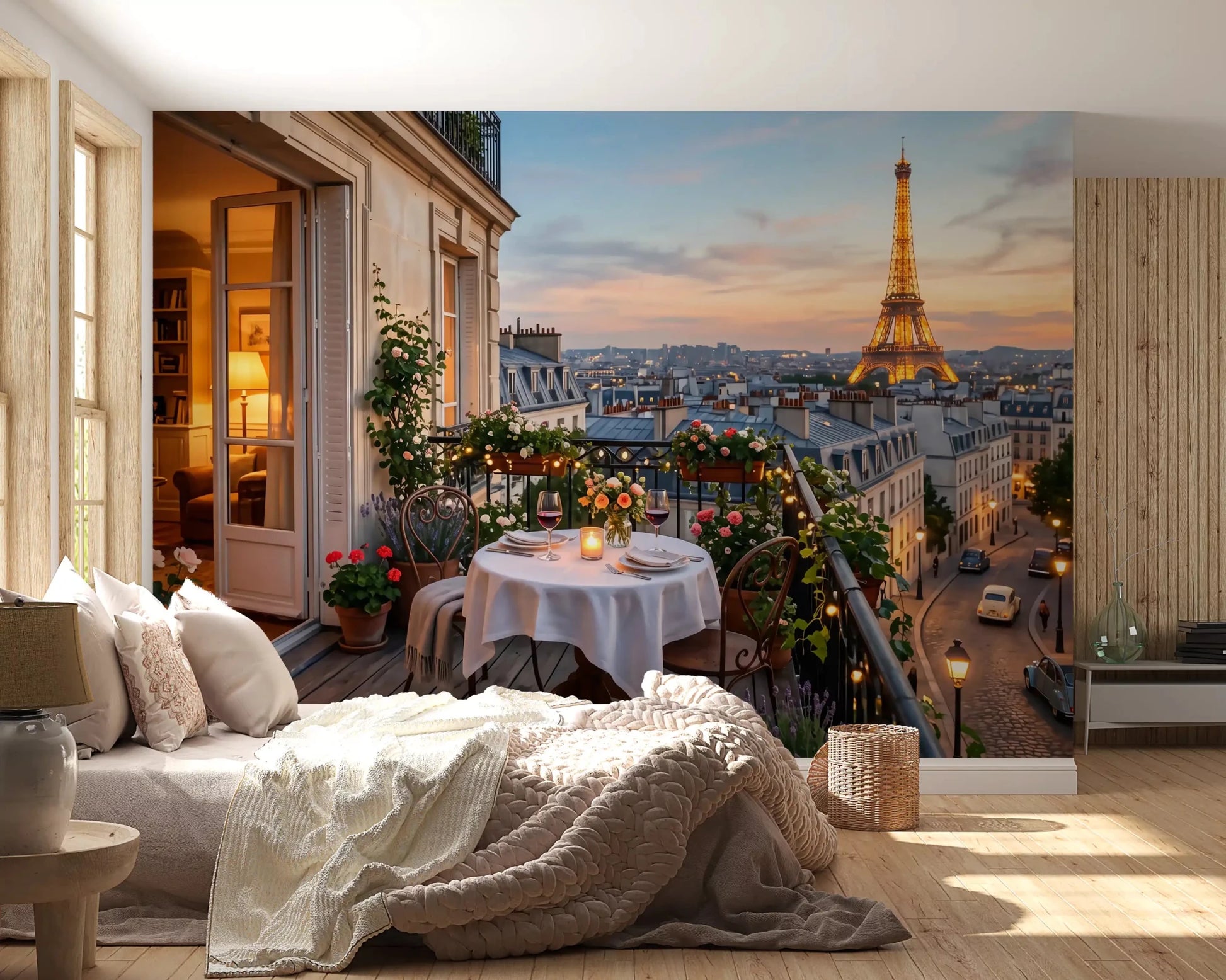 String lights and lavender pots line the balcony railing of Parisian Balcony Sunset Romance wall mural.GD9620