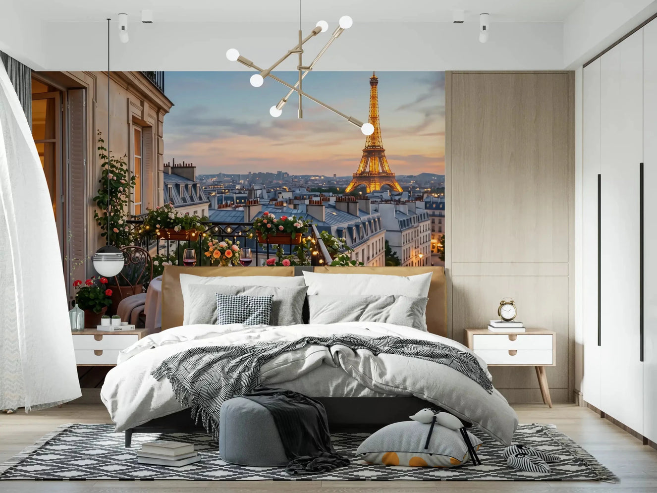 Bedroom backdrop turns cinematic with Parisian Balcony Sunset Romance wall mural across the headboard.GD9620