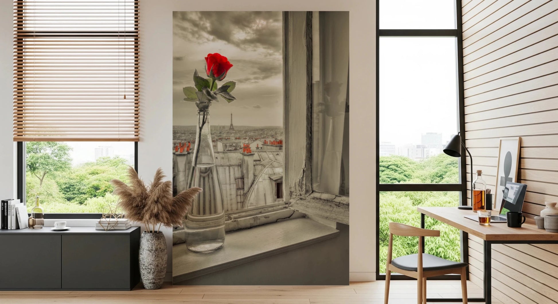 Parisian Bloom wall mural with Eiffel Tower and flower focus, GD8769