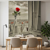 Dining area with Parisian Bloom wall mural and Paris skyline, GD8769