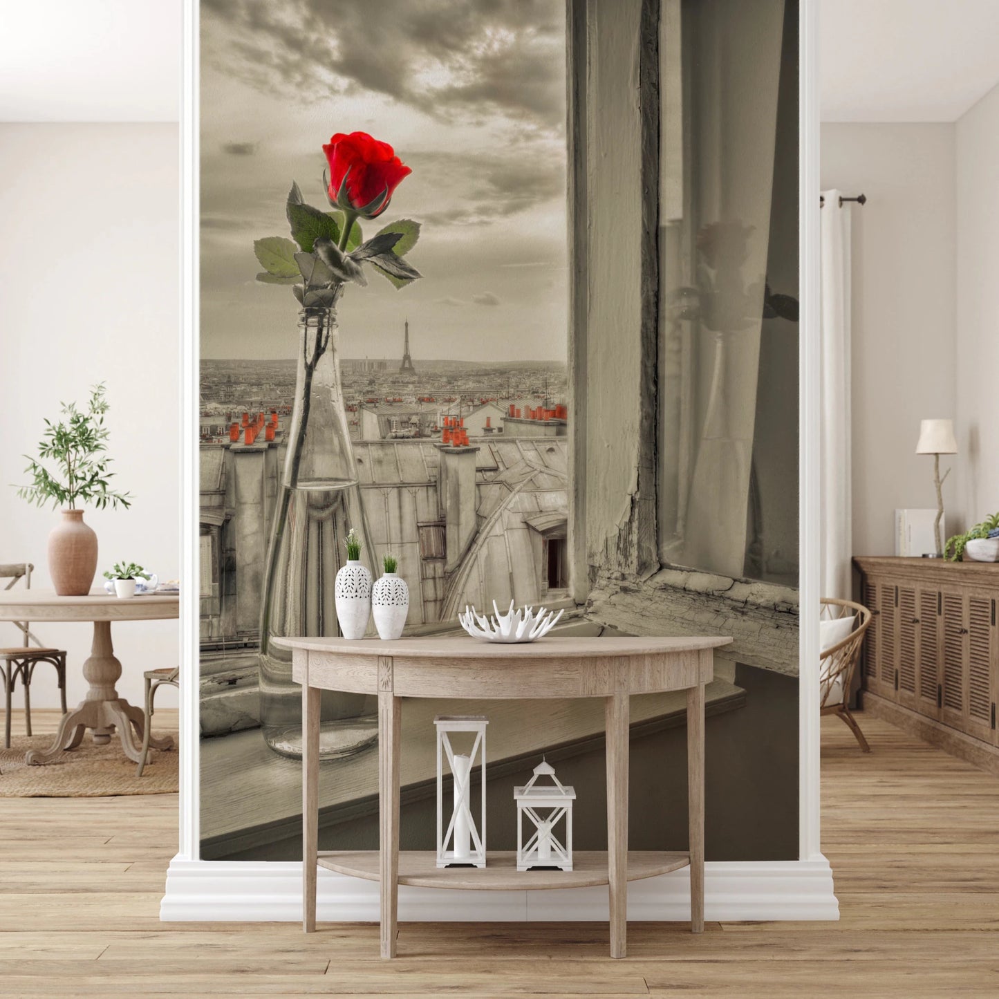 Window view mural with Parisian Bloom and urban skyline tone, GD8769
