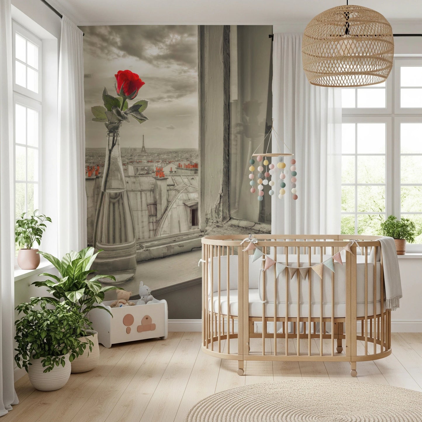Parisian Bloom mural with soft skyline and vibrant red flower, GD8769