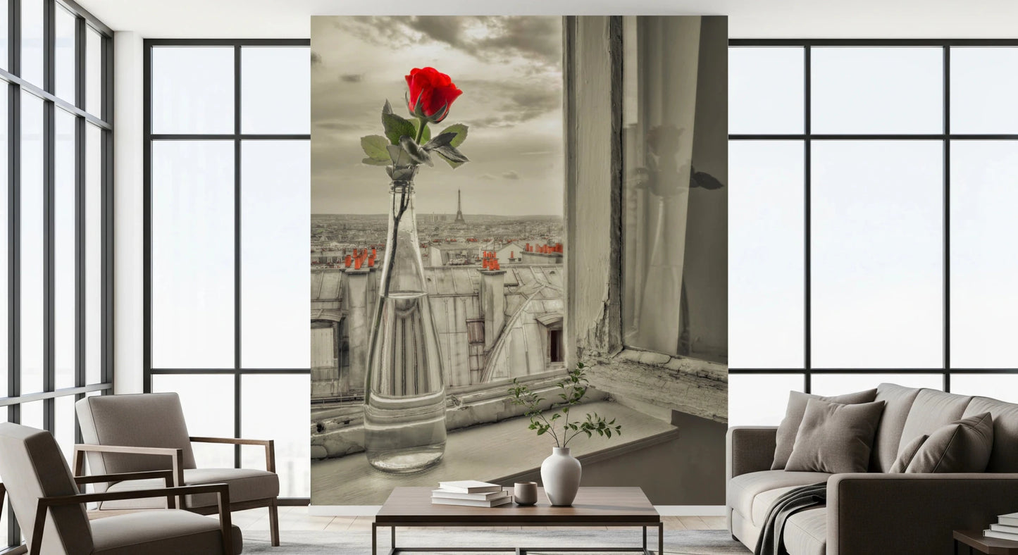 Parisian Bloom wall mural showing red rose and city rooftops, GD8769