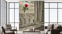 Parisian Bloom wall mural showing red rose and city rooftops, GD8769