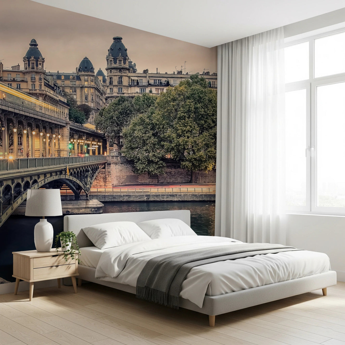 Parisian Bridge Lights Wall Mural for living room with city view.