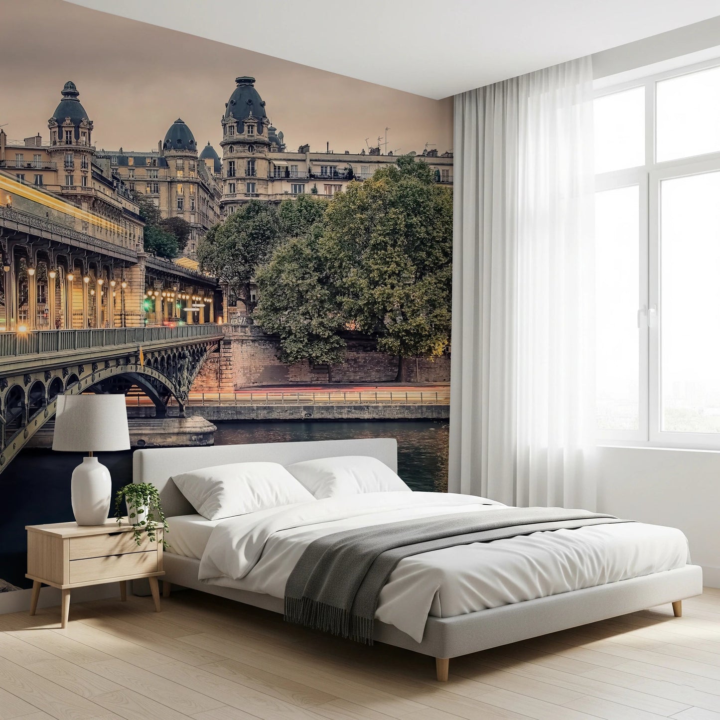 Parisian Bridge Lights Wall Mural for living room with city view.