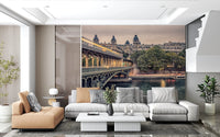 Detailed bridge structure wall mural with evening light glow.