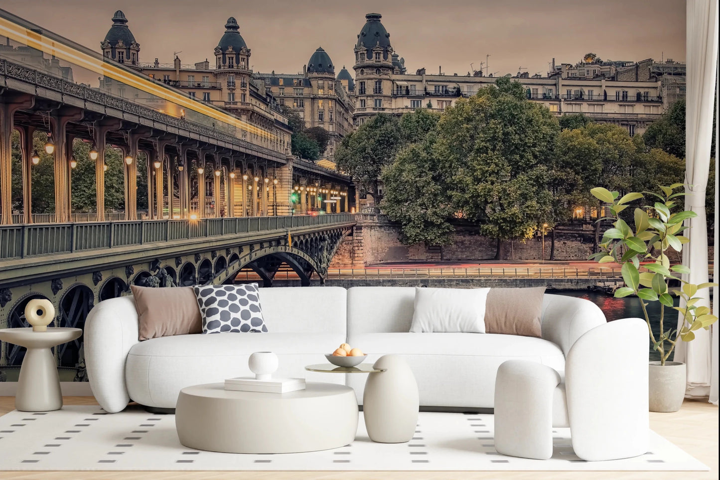 Evening river bridge scene wallpaper for bedroom feature wall.