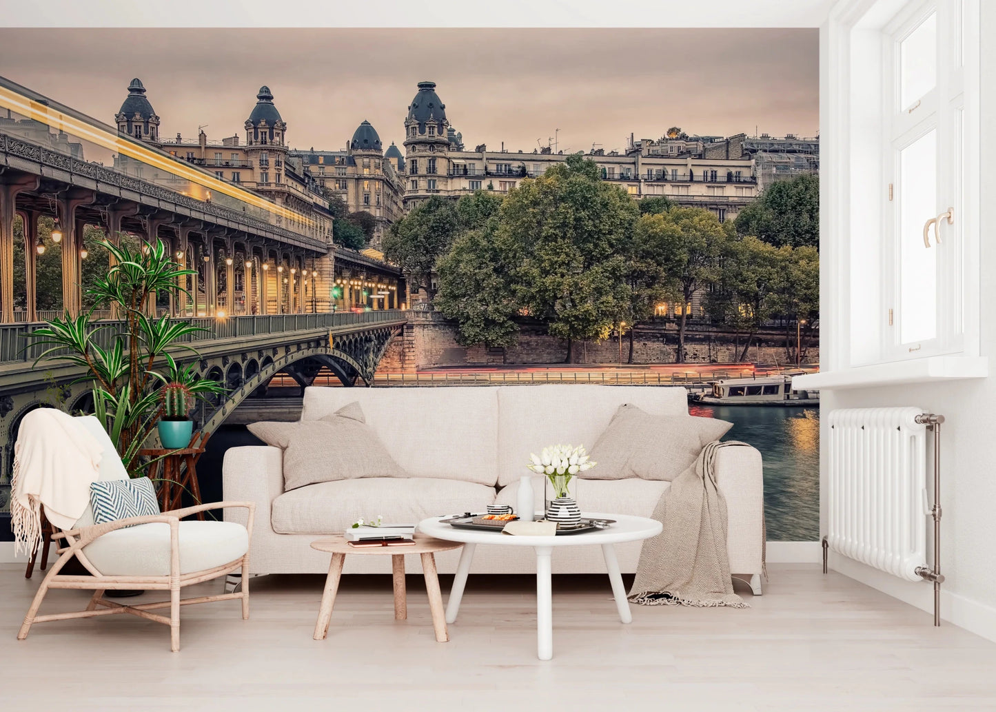 Parisian Bridge Lights Wall Mural for modern apartment interior.