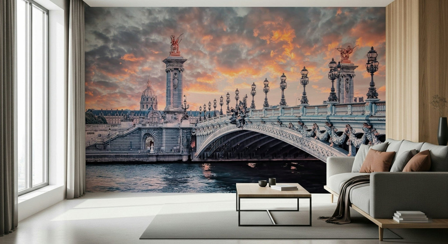 Home office focus benefits from Parisian Bridge Sunset wall mural depth