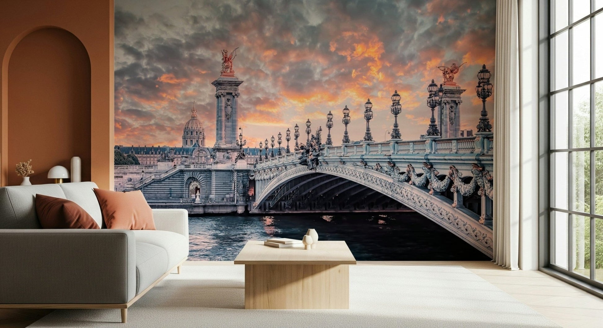 Hallway ambiance softens through Parisian Bridge Sunset wall mural sunset tones
