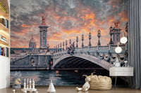 Playroom energy feels balanced with Parisian Bridge Sunset wall mural backdrop