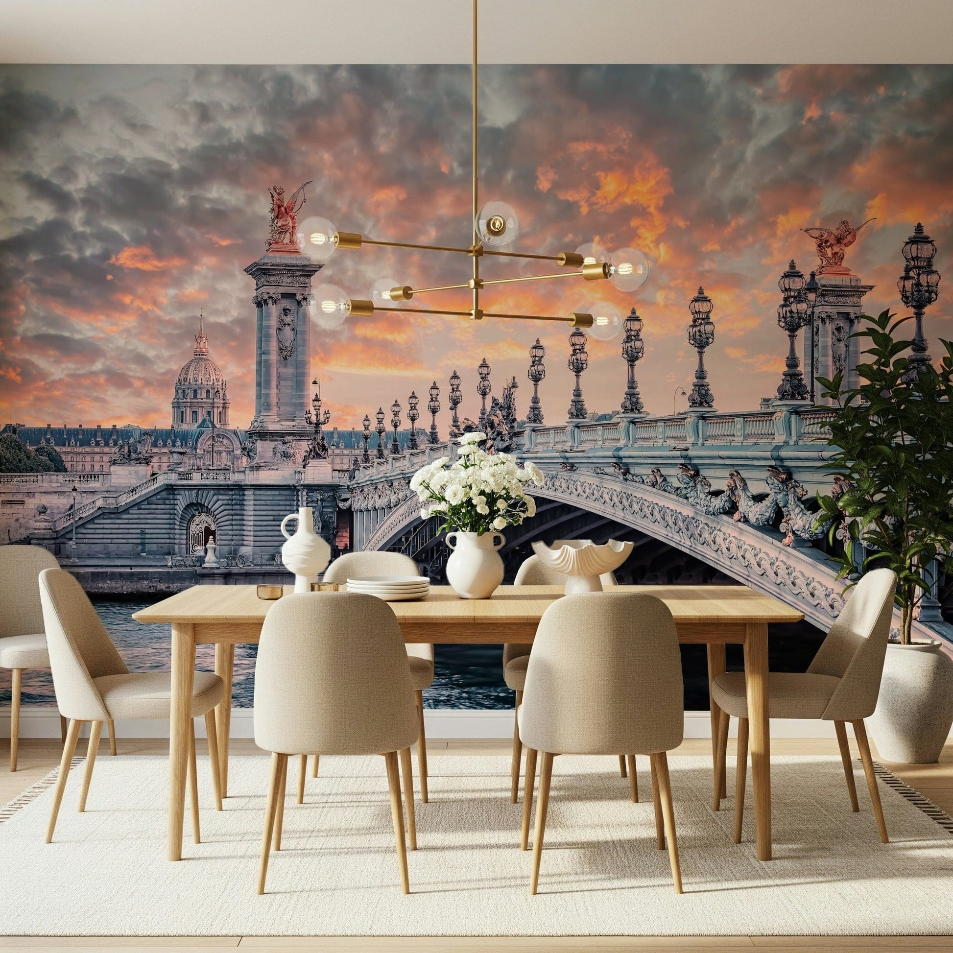 Dining room styling feels memorable with Parisian Bridge Sunset wall mural scene