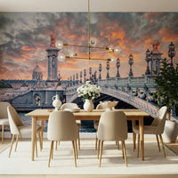 Dining room styling feels memorable with Parisian Bridge Sunset wall mural scene