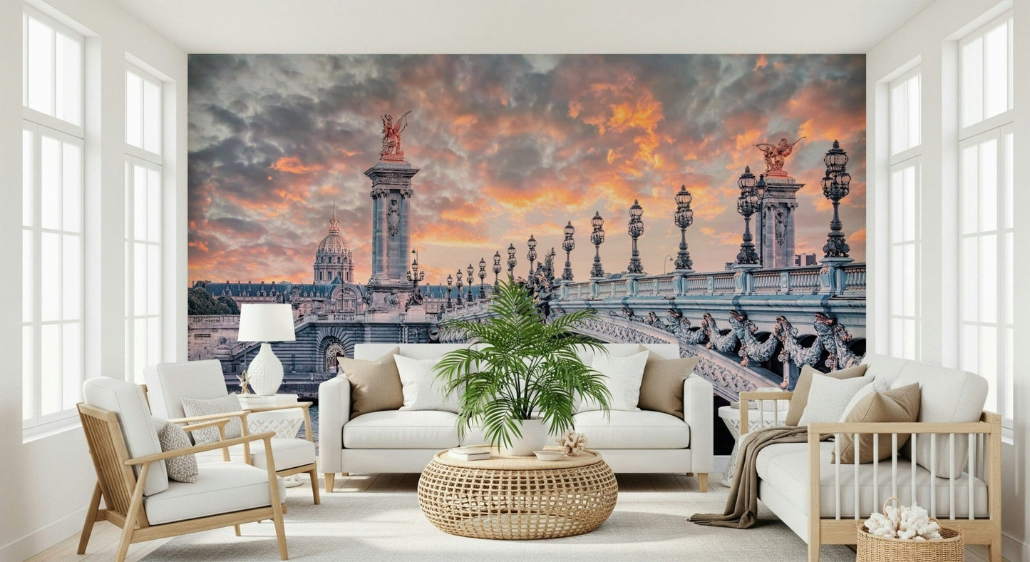Living room styling feels refined with Parisian Bridge Sunset wall mural view