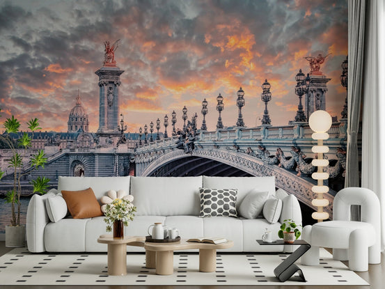 A living room feels warmer with Parisian Bridge Sunset wall mural and evening glow, GD7934