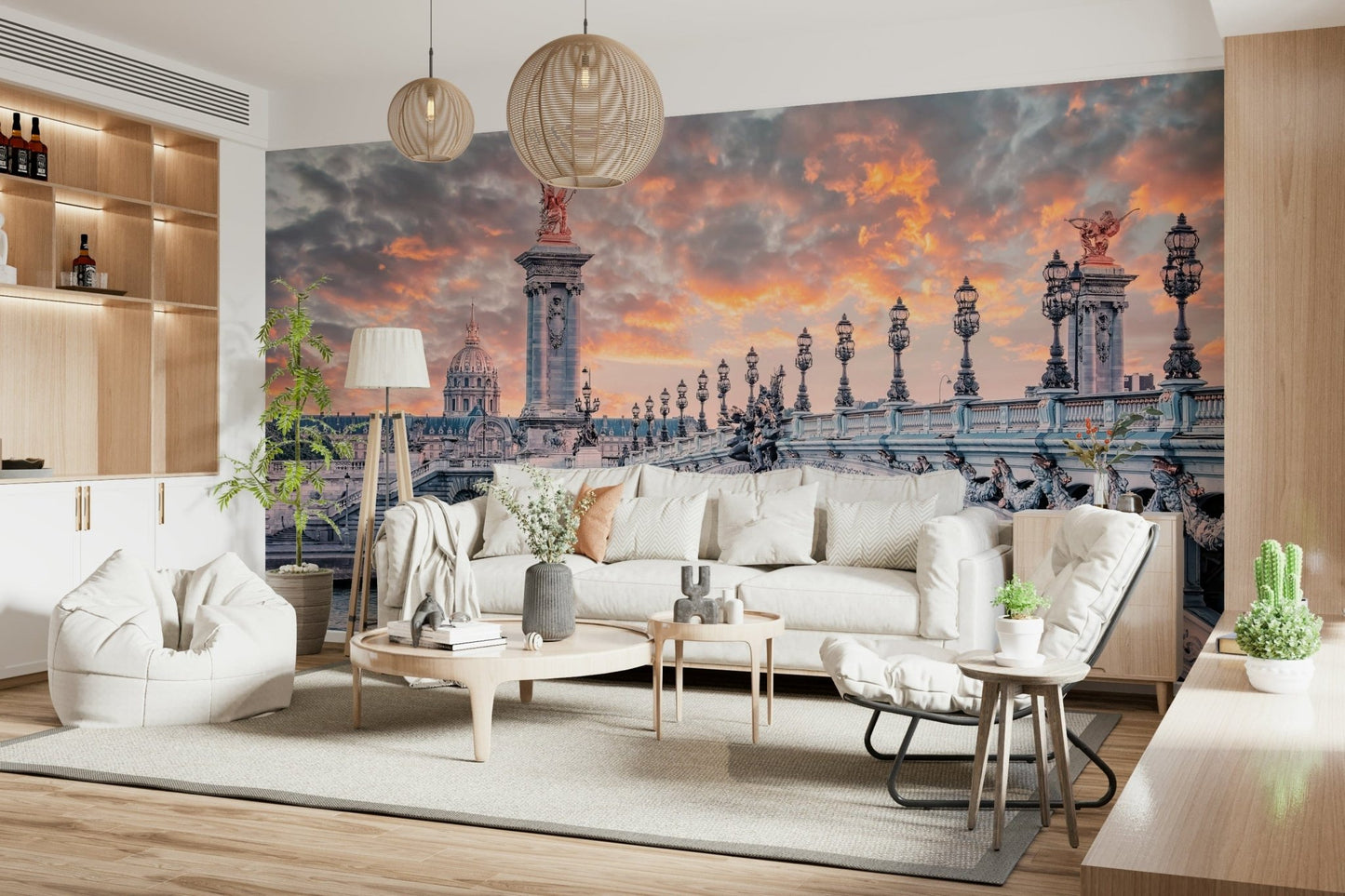 Along the hallway, Parisian Bridge Sunset wall mural creates a long visual flow