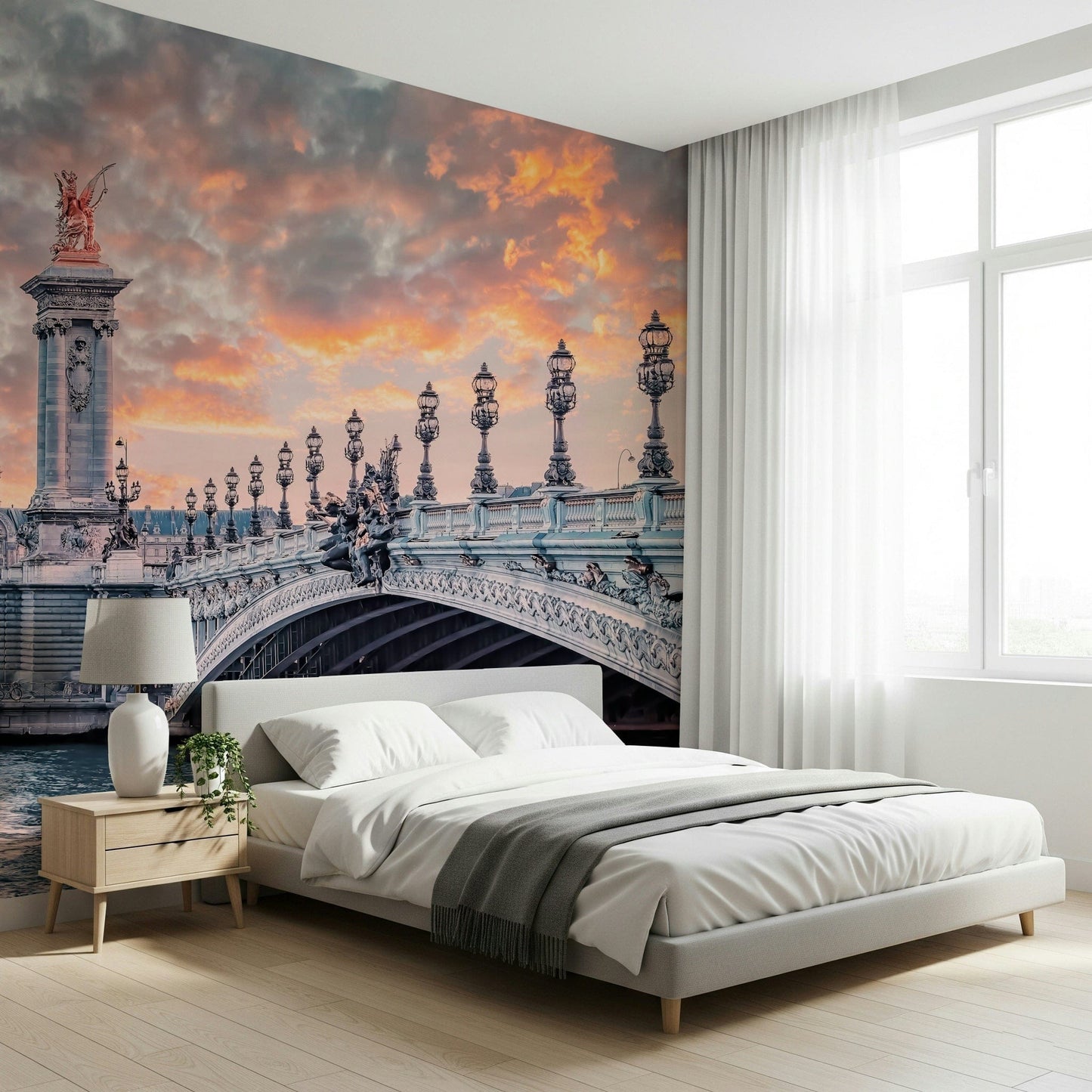 A Bedroom setting feels gentle beside Parisian Bridge Sunset wall mural sky tones