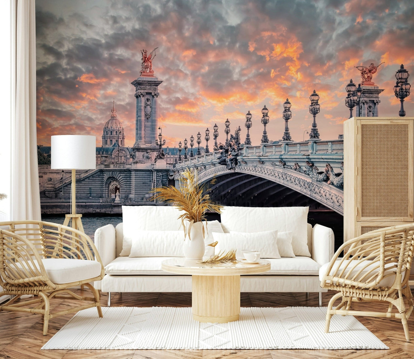 Living room space feels brighter with Parisian Bridge Sunset wall mural reflections