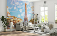 Parisian Carousel Dream wallpaper for walls with bokeh lights.
