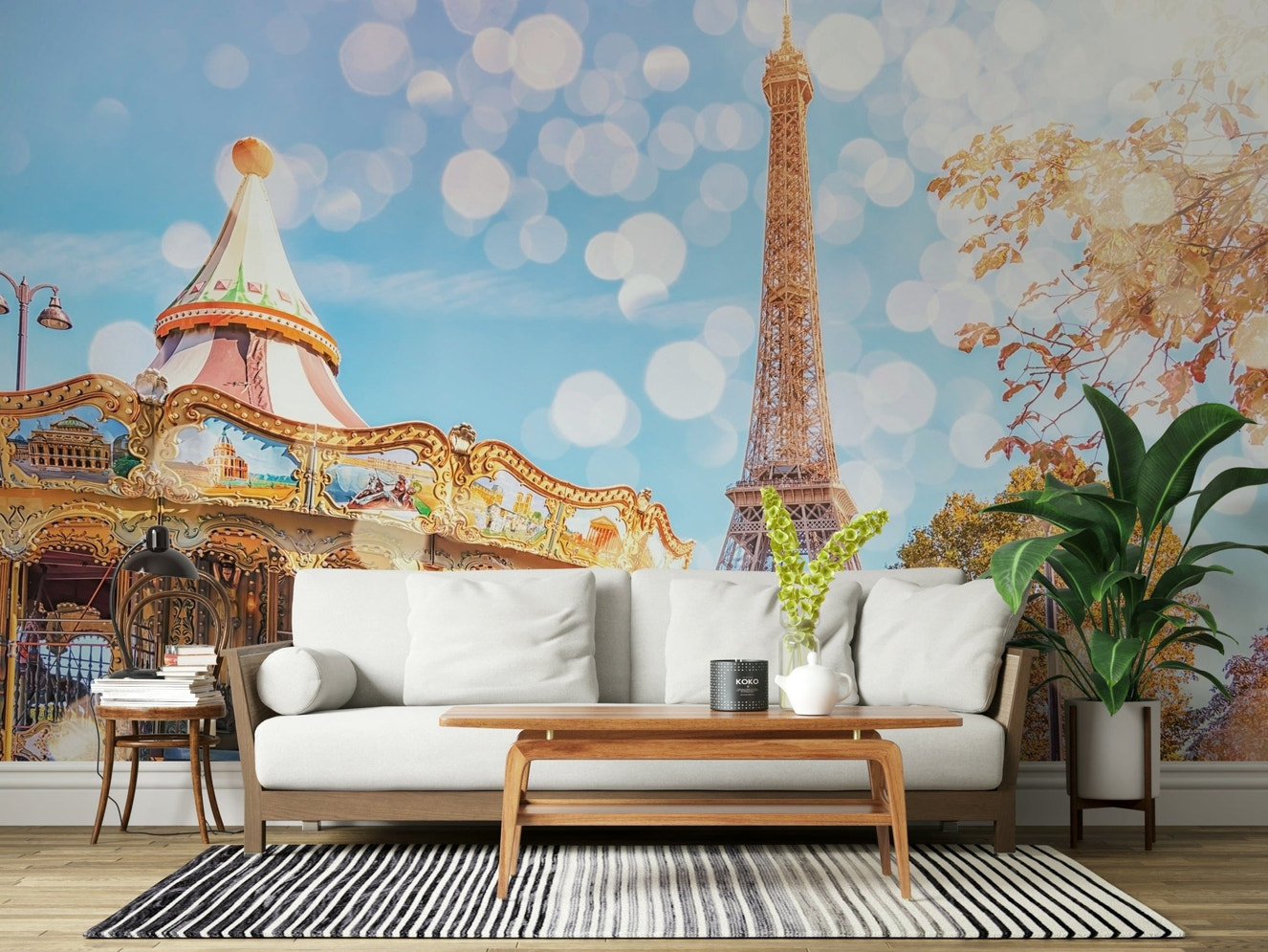 Parisian Carousel Dream wallpaper mural featuring golden Eiffel Tower.