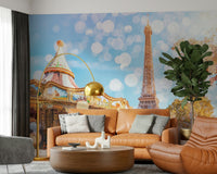 Sunny Paris cityscape wallpaper mural Parisian Carousel Dream design.