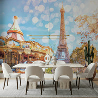 Parisian Carousel Dream wallpaper for walls capturing autumn sunlight.