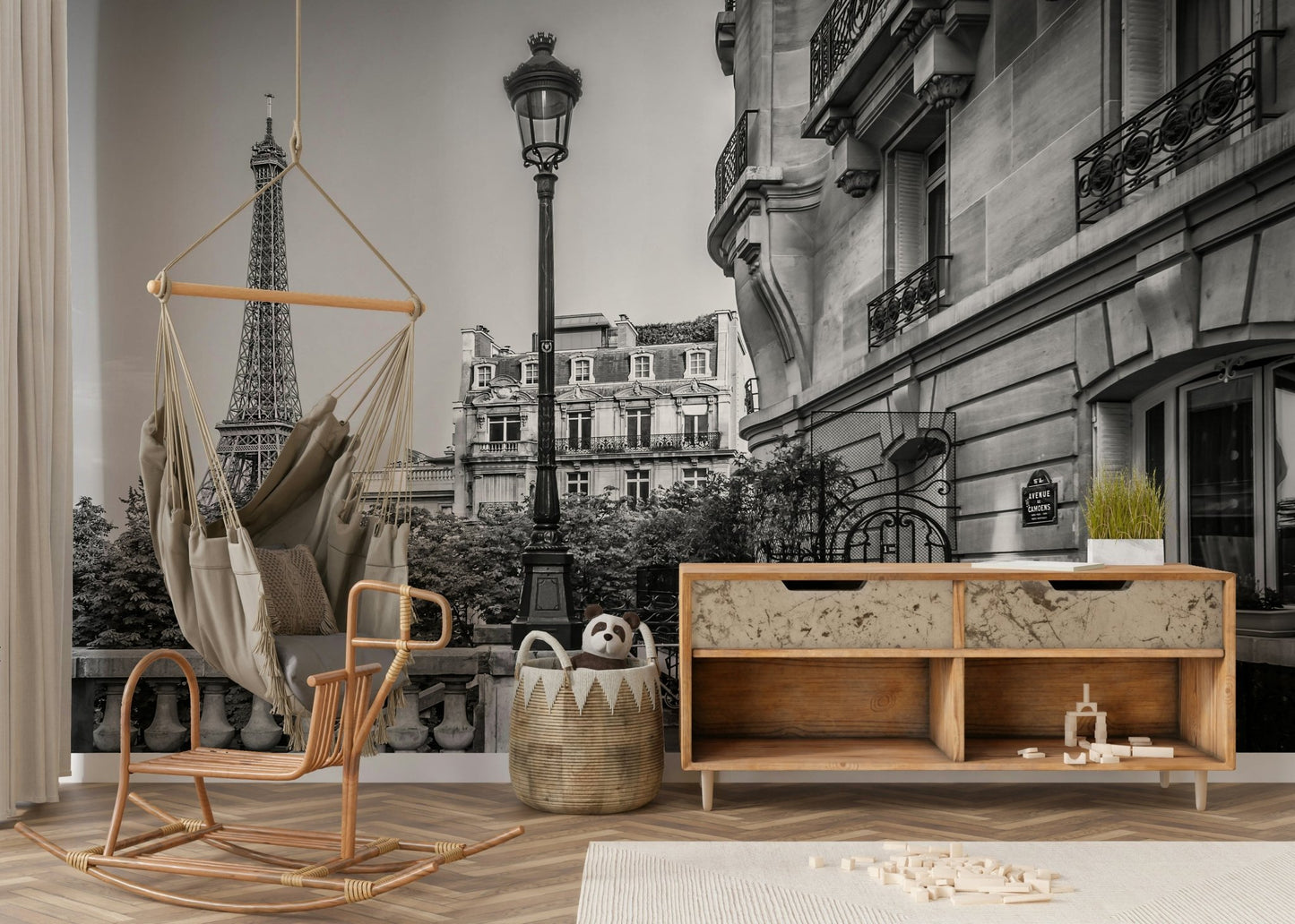 Scenic mural featuring Paris cafés, rooftops, and landmarks., GD1483