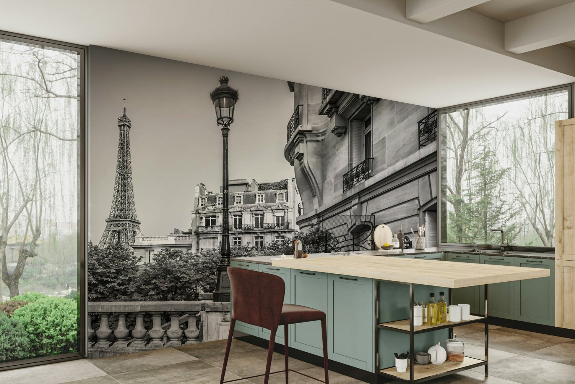 French-inspired mural with a soft grayscale Paris street view., GD1483