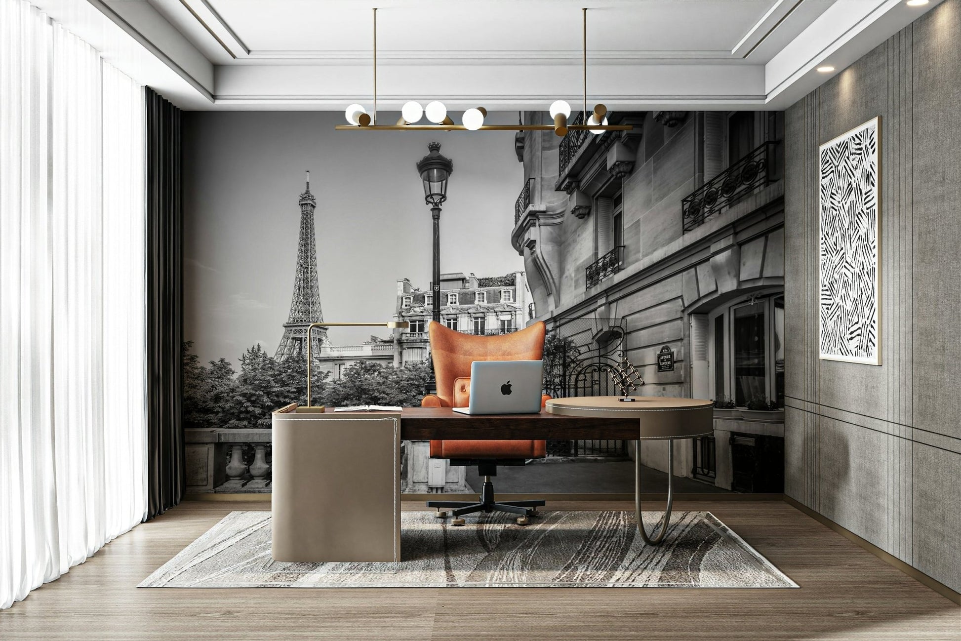 Artistic mural of Paris in black and white for stylish interiors., GD1483
