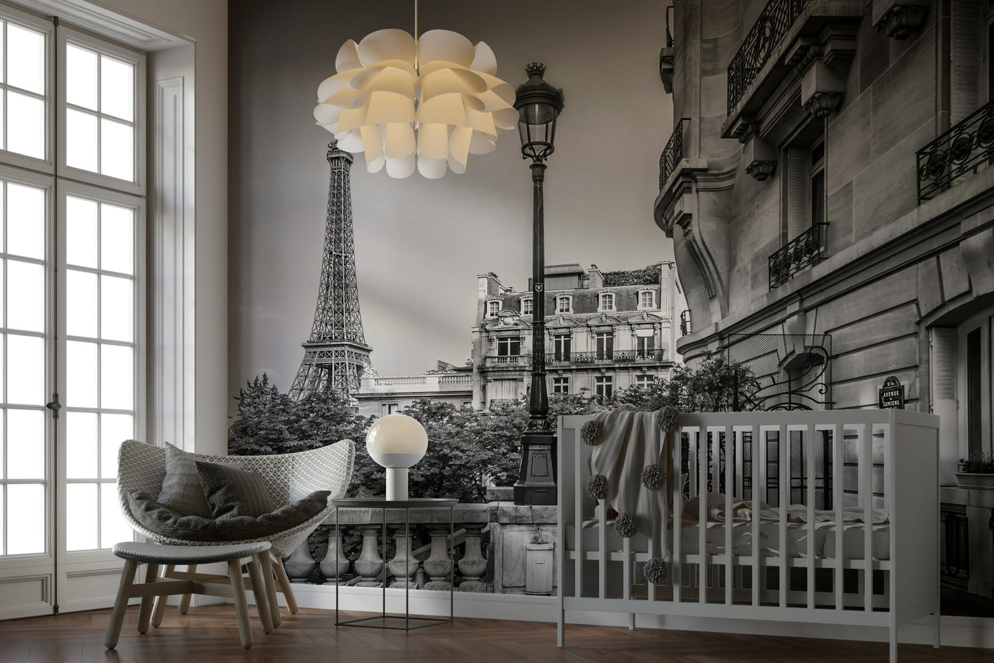 Chic mural of Paris streets and skyline in elegant greyscale., GD1483