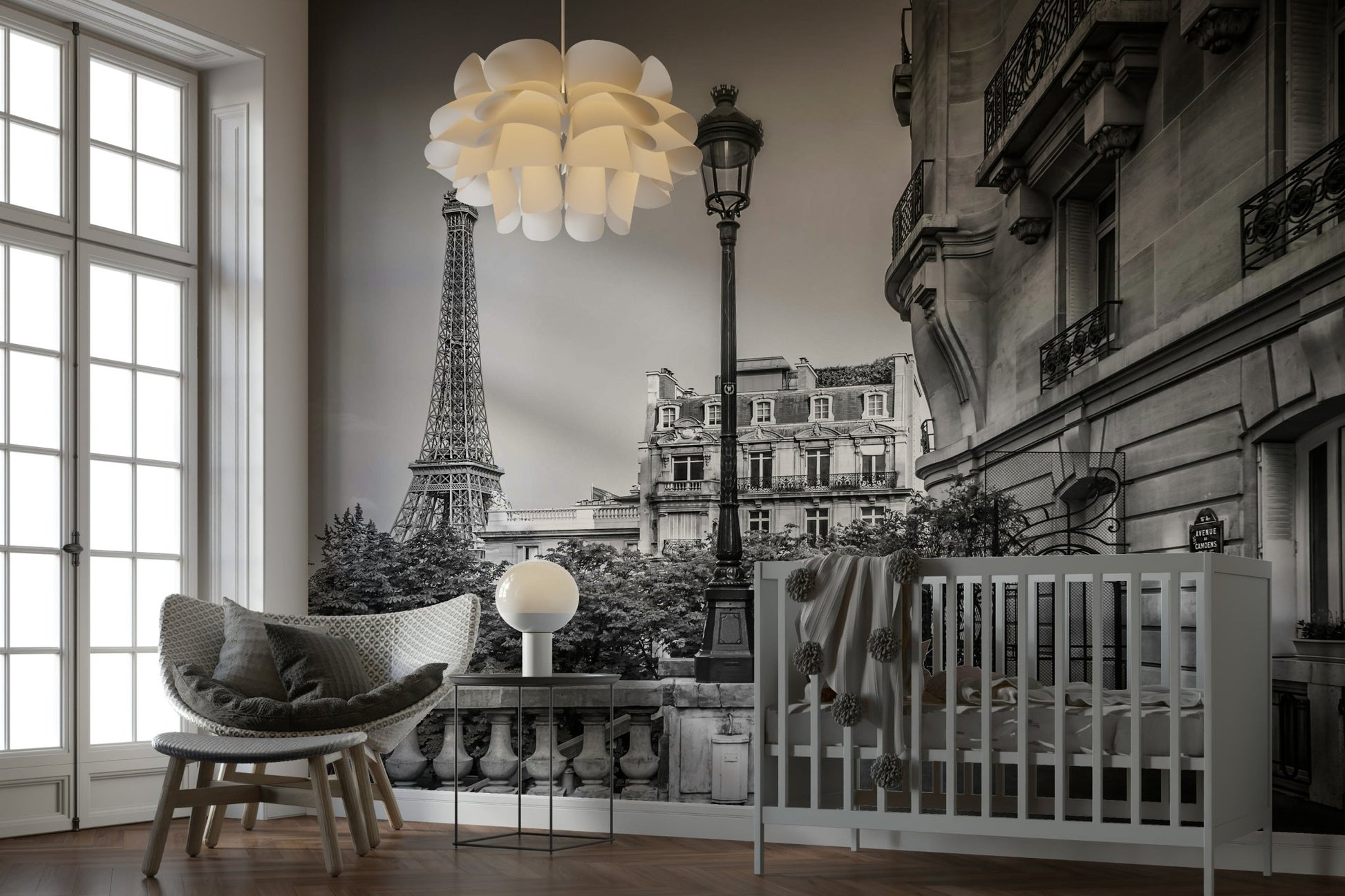 Chic mural of Paris streets and skyline in elegant greyscale., GD1483