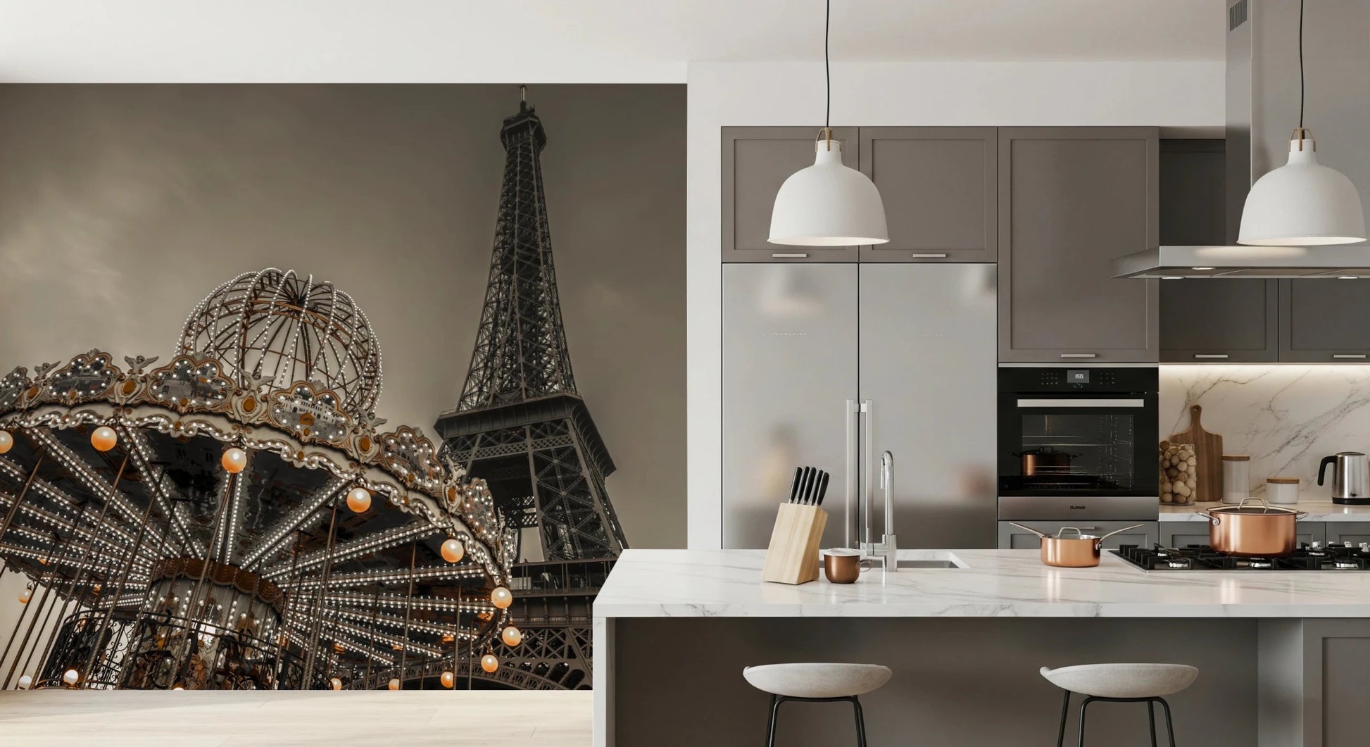 Muted grey and gold tones Eiffel Tower wallpaper
