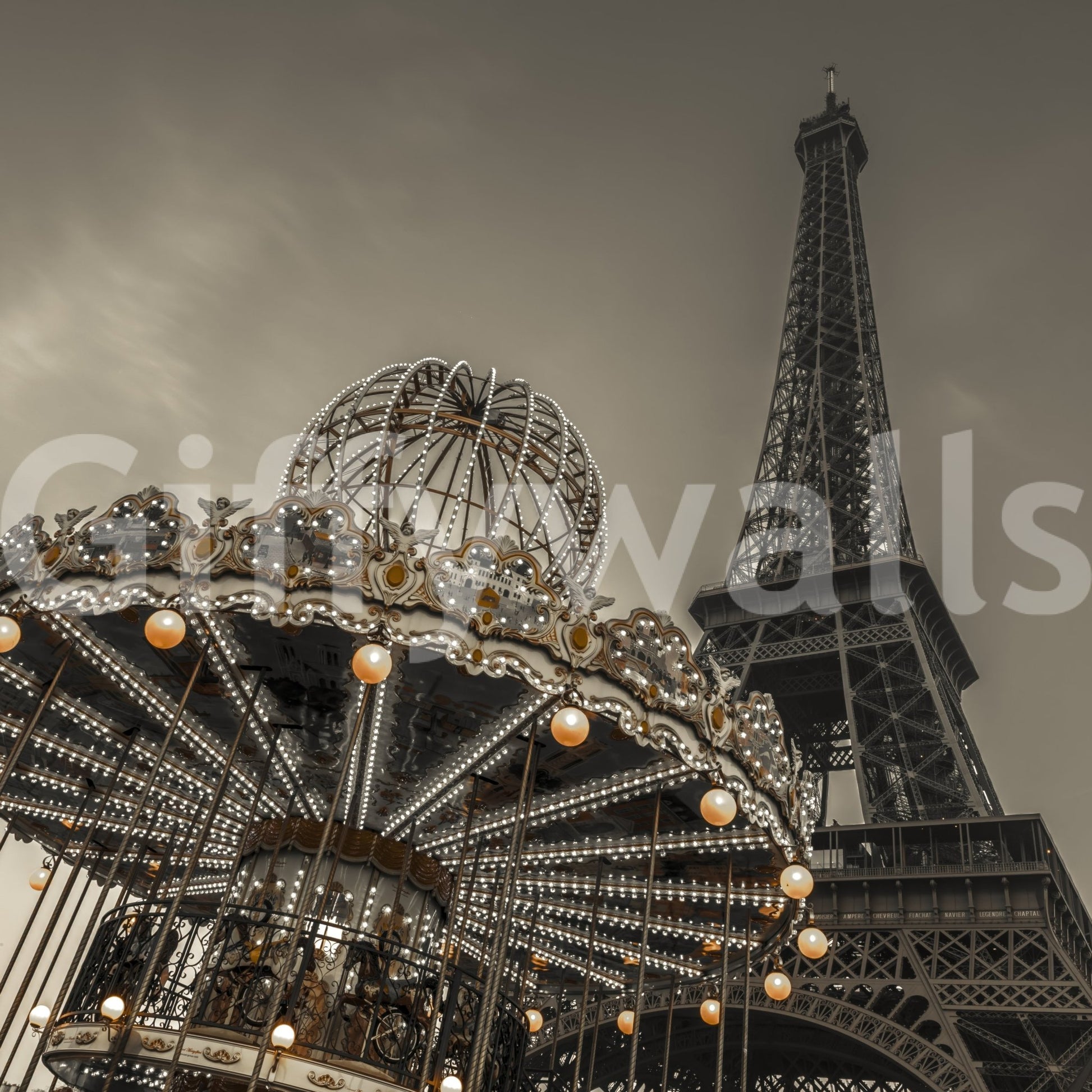 Classic French landmark and lit carousel wall mural