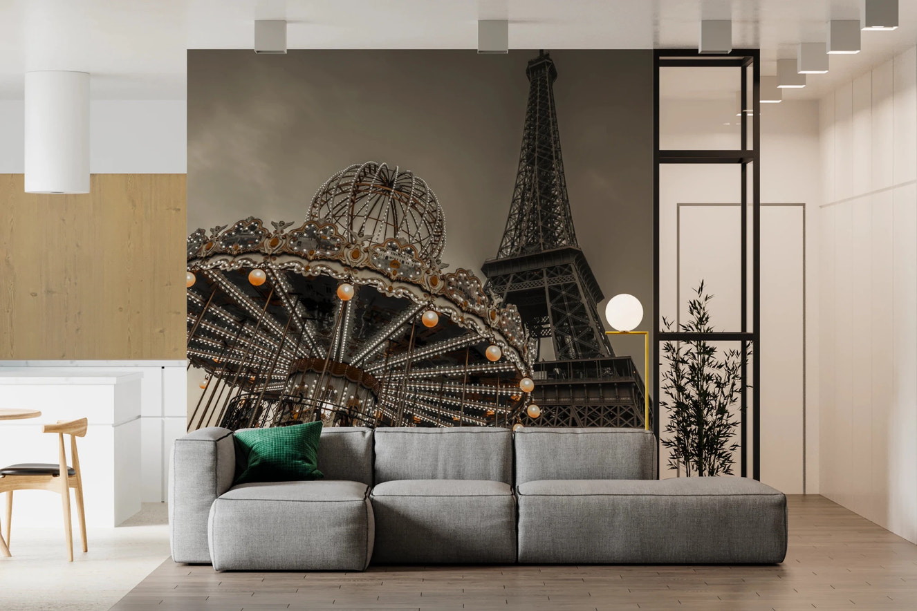 Eiffel Tower and carousel lights vintage wall mural