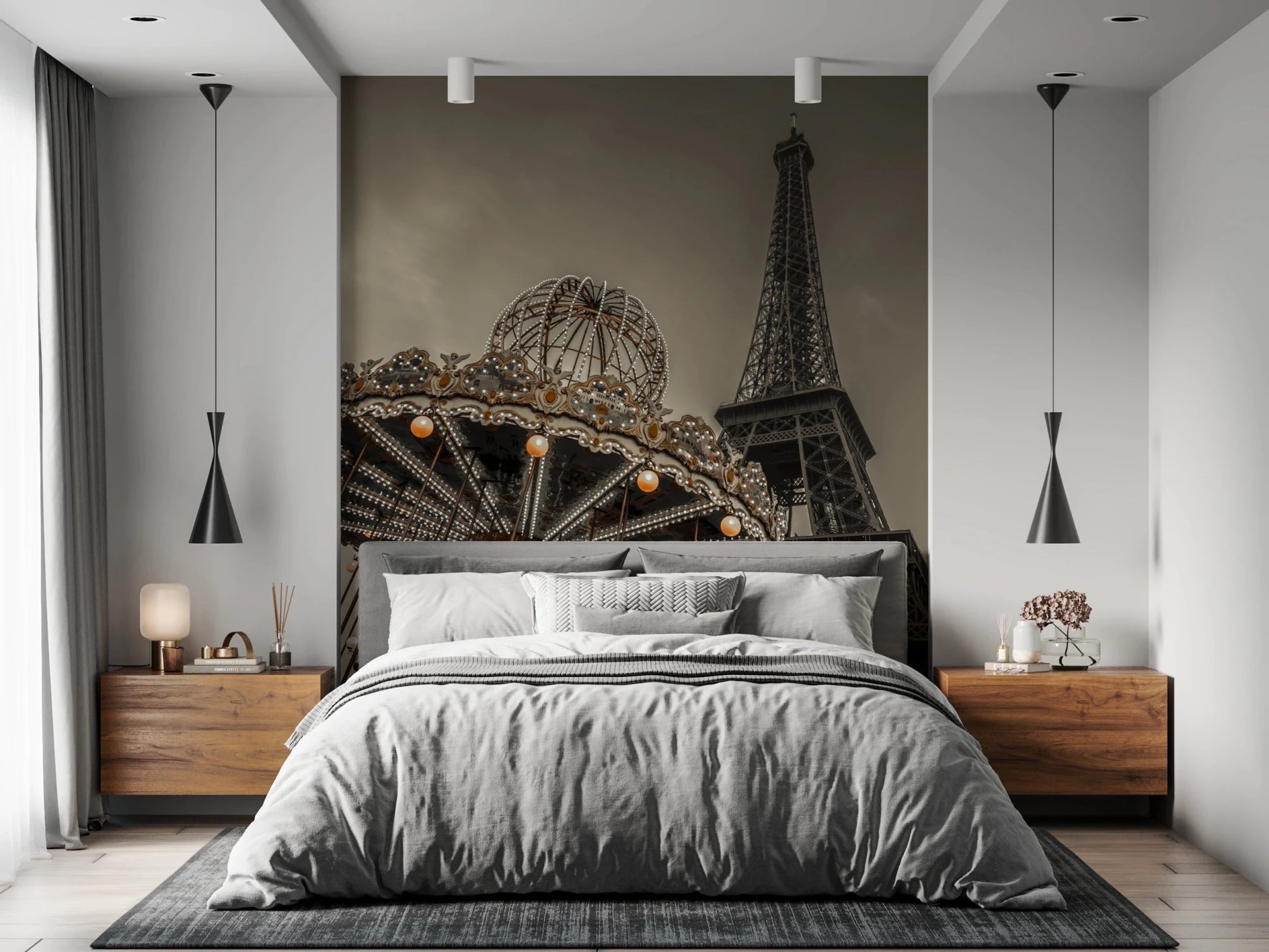 Ornate carousel and Parisian tower evening wallpaper