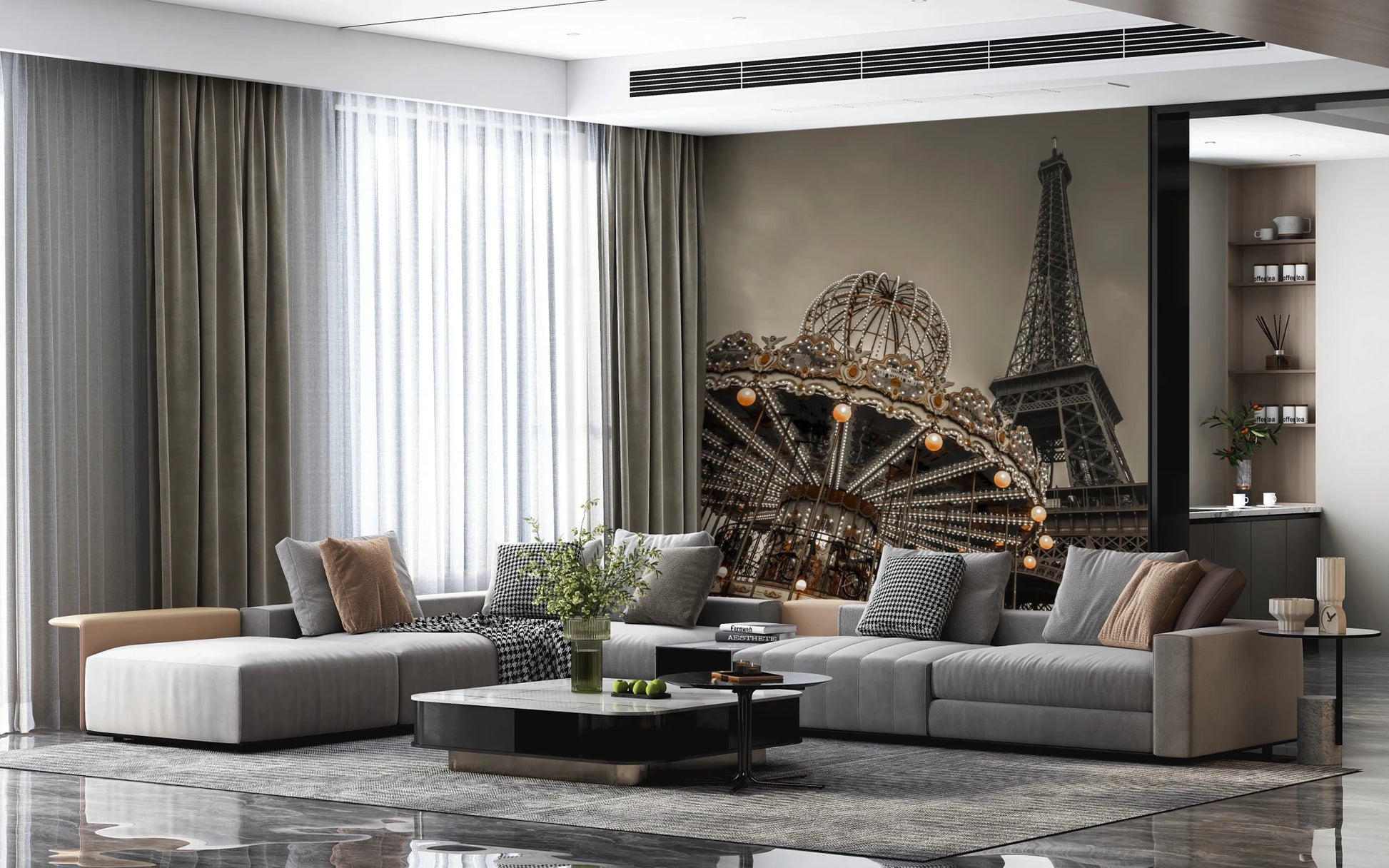 Parisian Dreamscape Wall Mural in soft sepia tones
