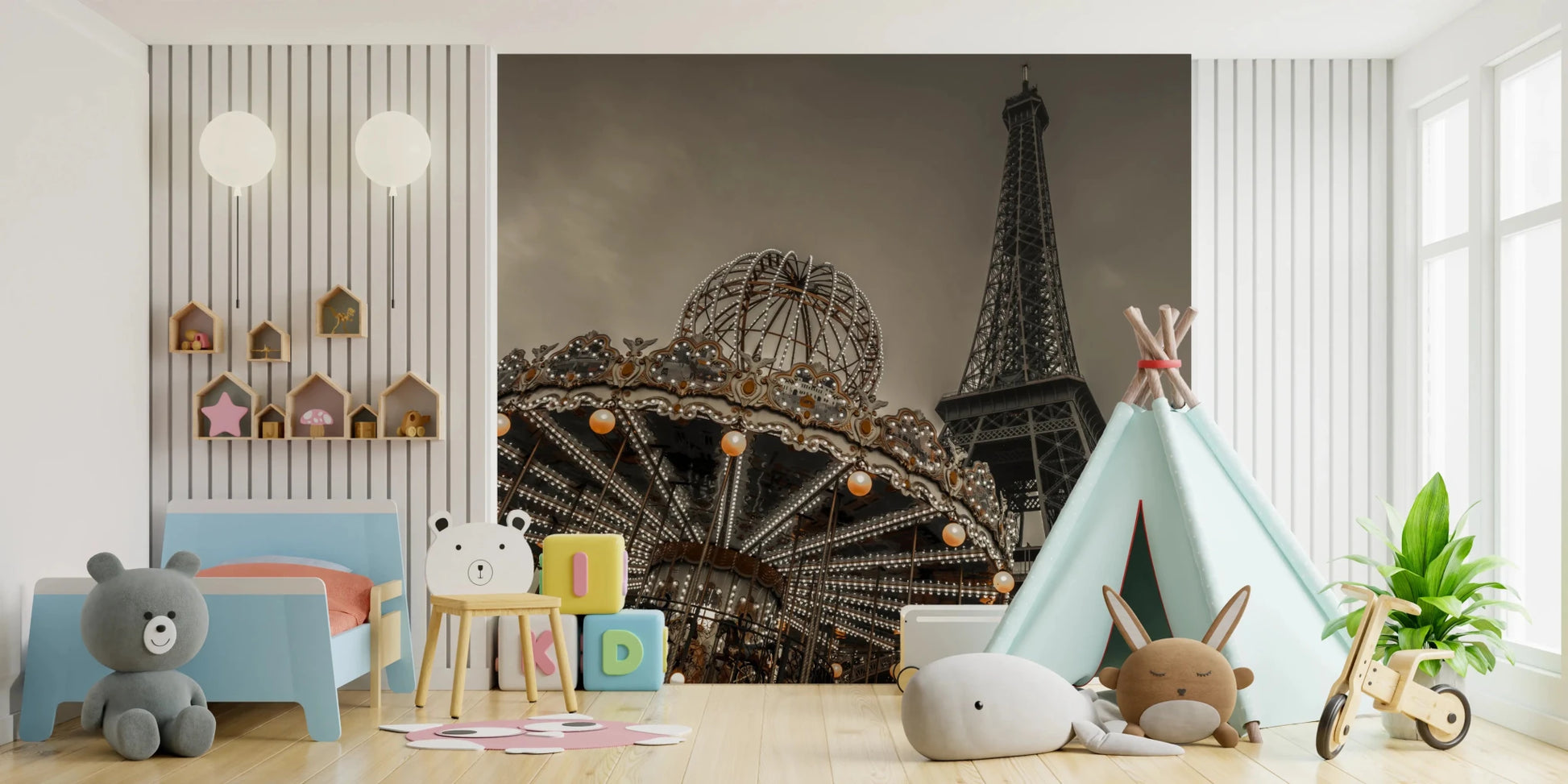 Vintage Parisian carousel and tower scene wall mural