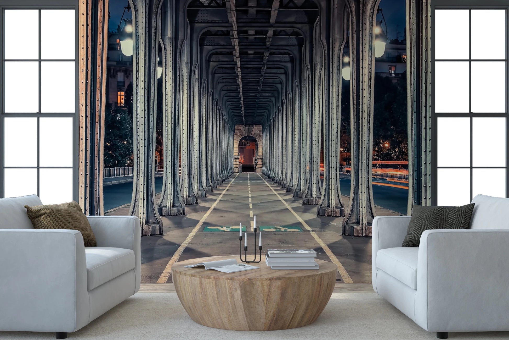 Perspective shot under a French bridge walkway.