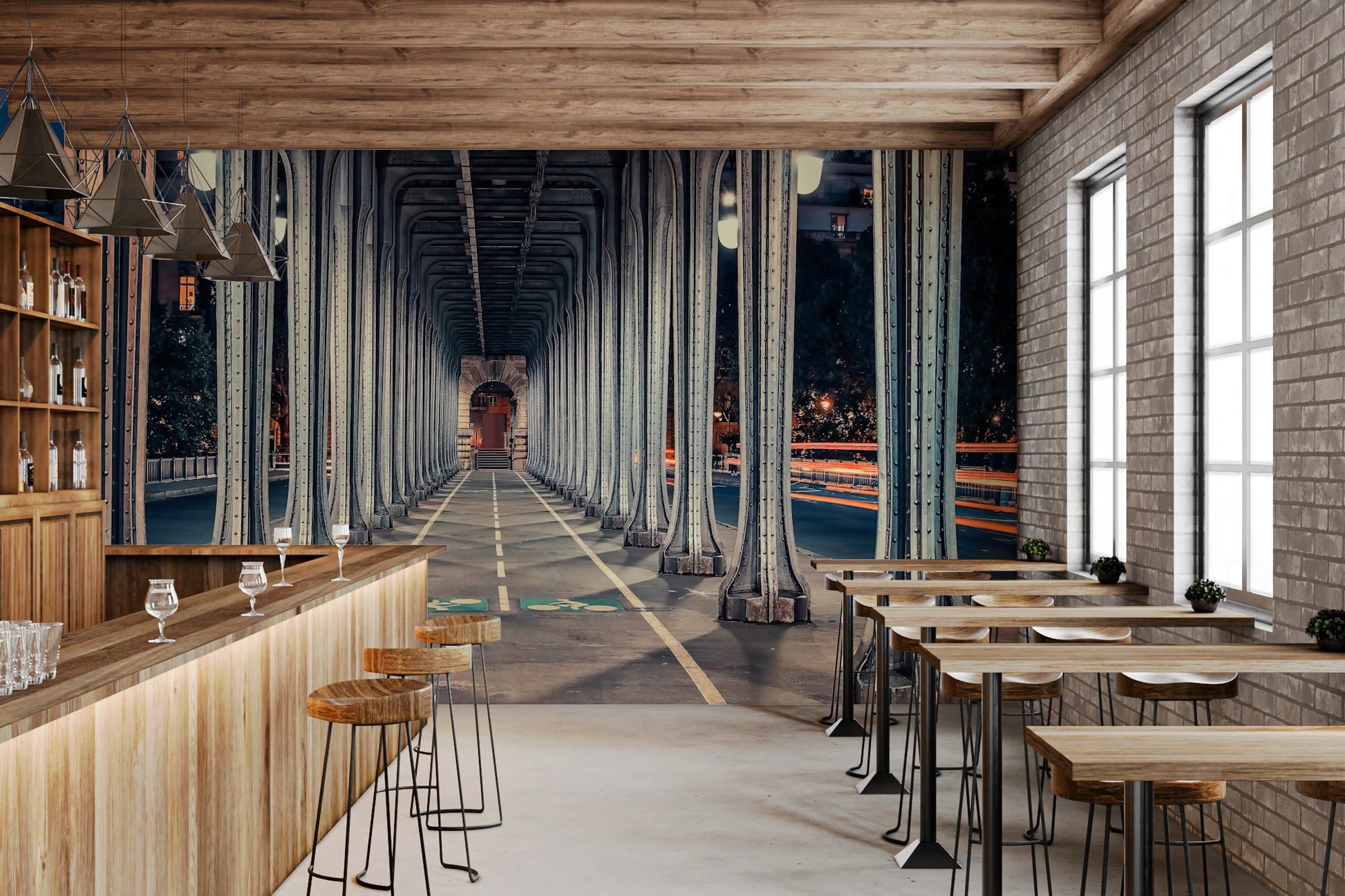 Structural ironwork mural of a Paris thoroughfare.