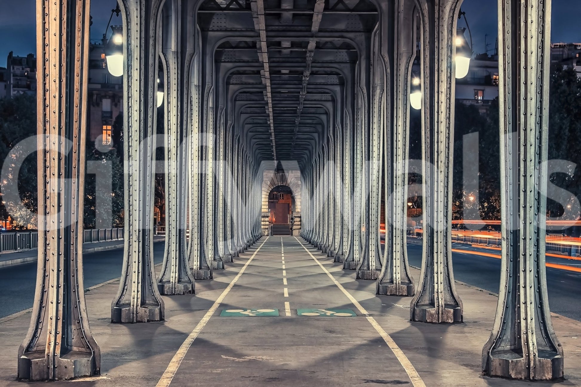 Paris at twilight mural with motion blur lights.