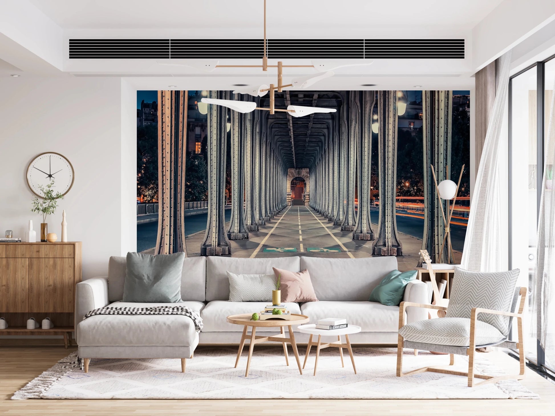 City lights and iron pillars in Parisian mural.