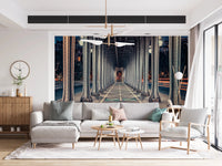 City lights and iron pillars in Parisian mural.