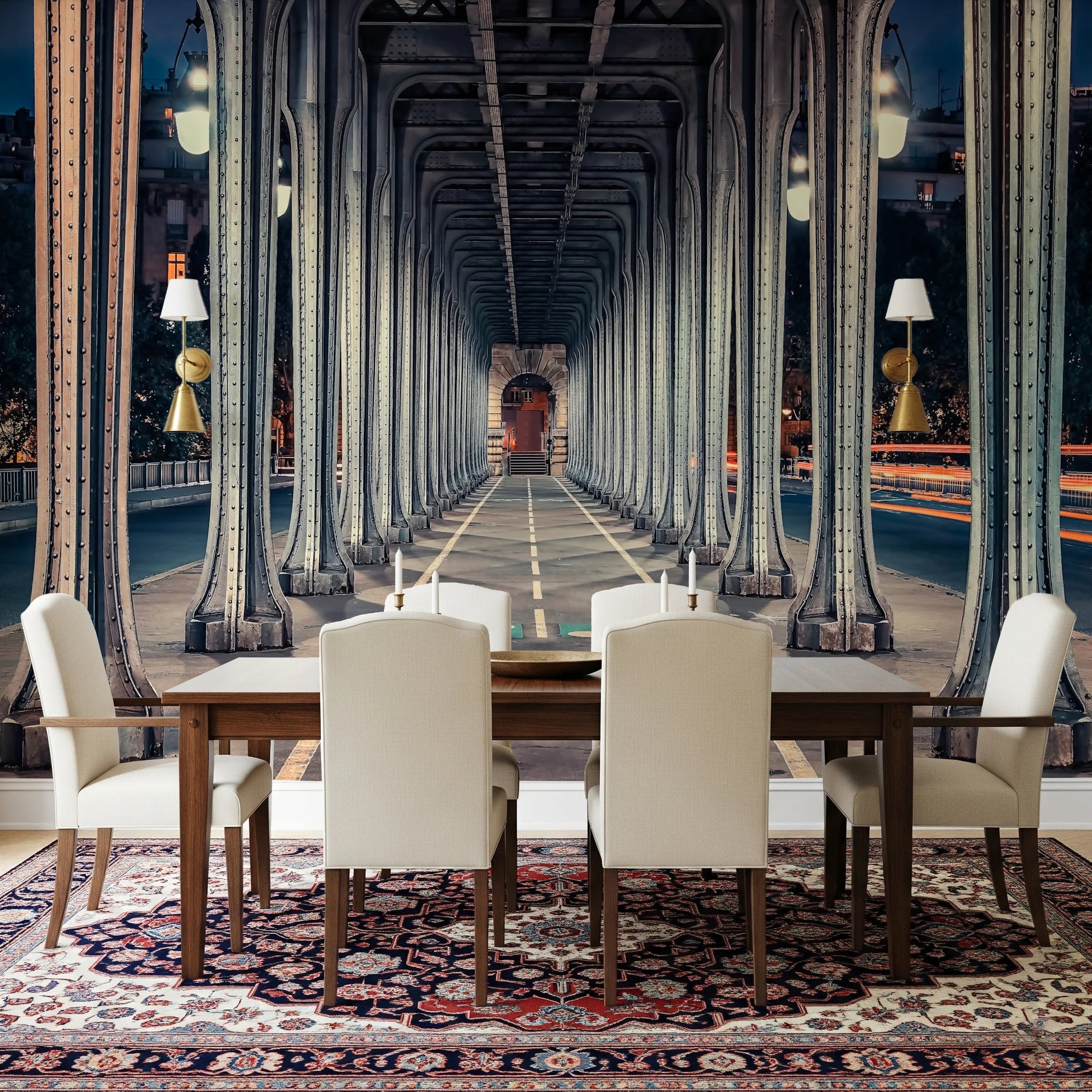 Nighttime street view under iconic Paris bridge.