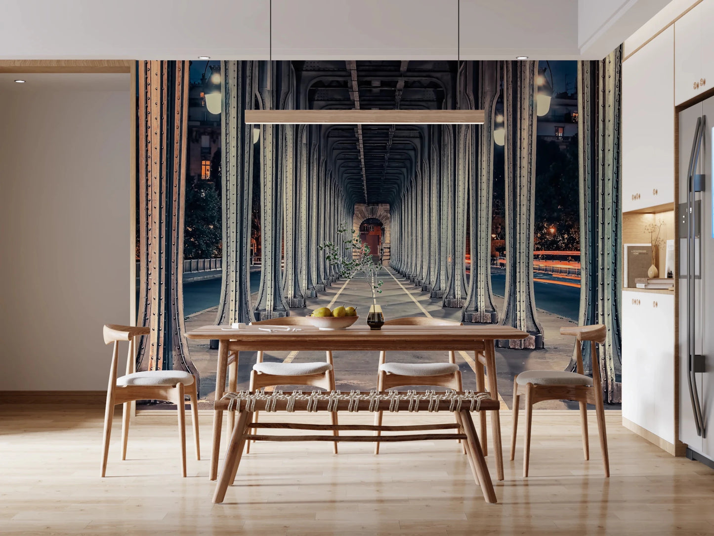 Atmospheric French city mural with glowing lamps.